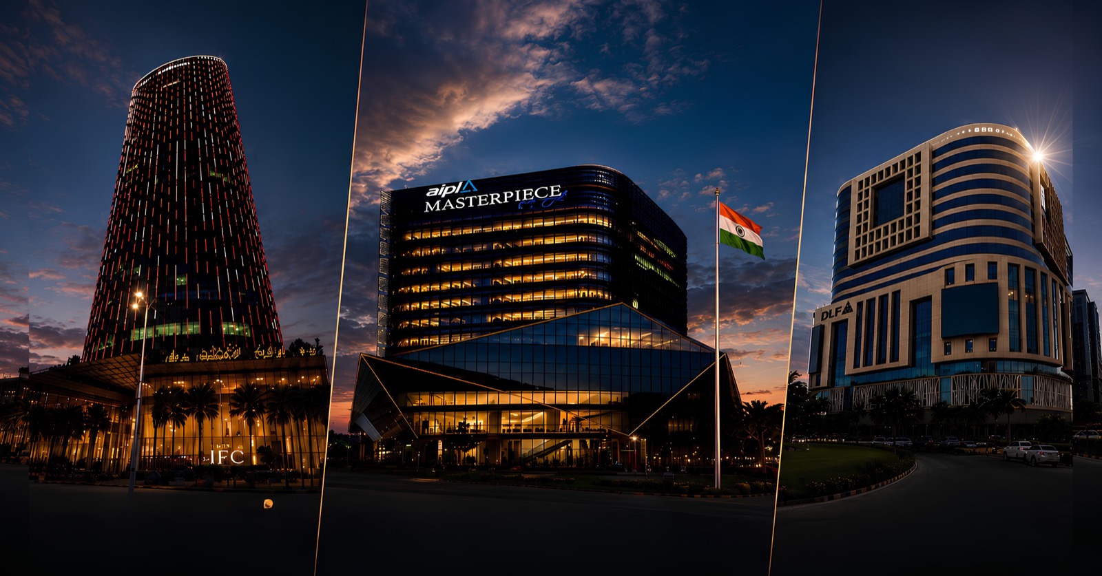Qaarya's three Gurugram buildings: M3M IFC, AIPL Masterpiece and DLF Building 14 at night