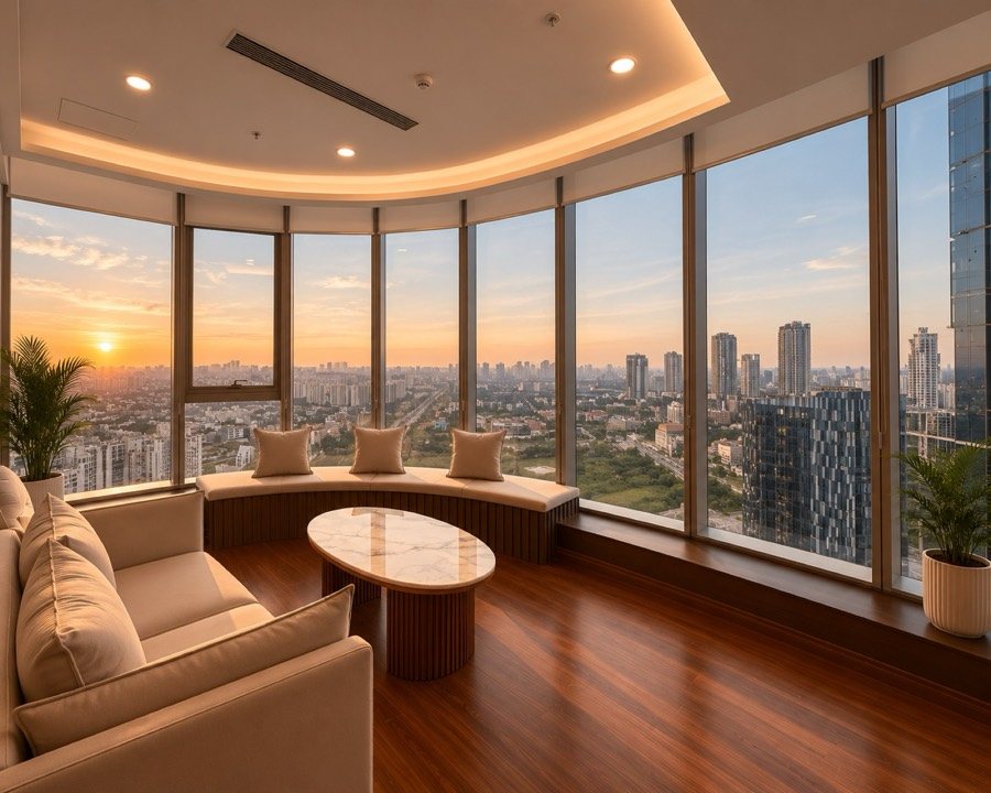 QAARYA corner lounge with curved seating and a Gurugram skyline view at sunset