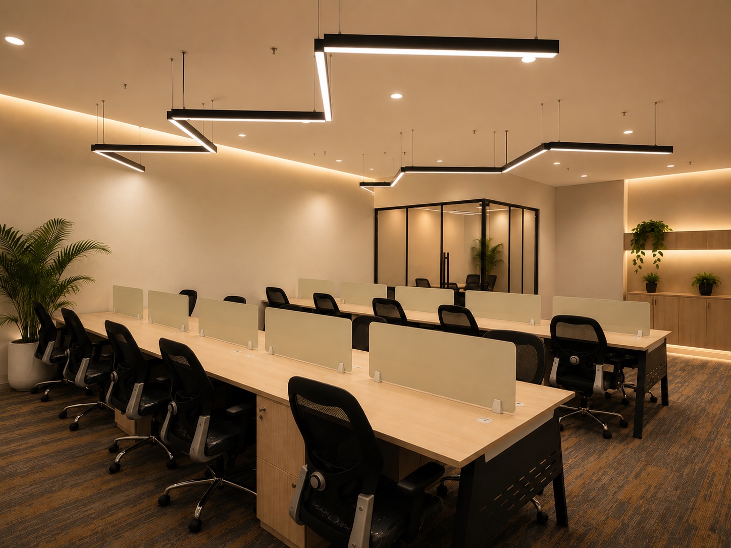 Qaarya coworking floor with private desk pods and meeting room