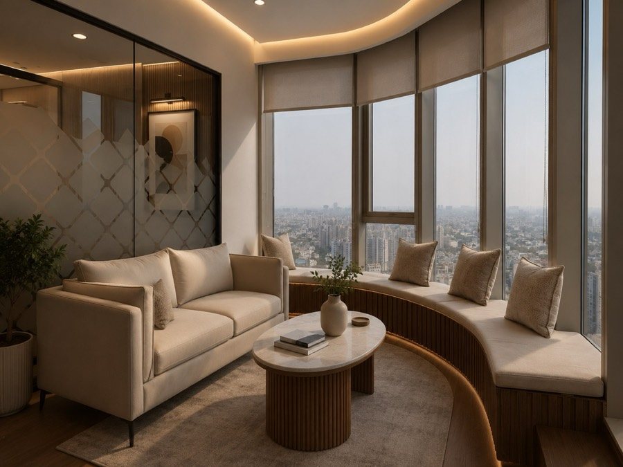 QAARYA lounge corner with curved sofa seating and glass partitions