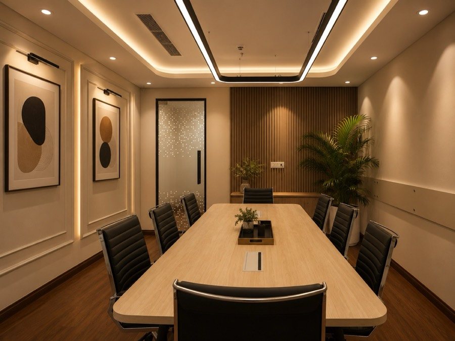QAARYA meeting room with a wooden table, artwork and warm lighting