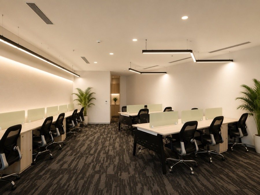 QAARYA workspace floor with desks, lighting and indoor plants, ready for a team to move in